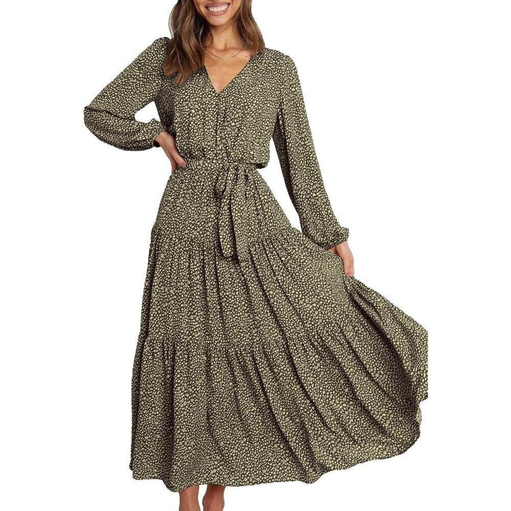 PrettyGarden Women Green Polyester V Neck Long Sleeve Floral Maxi Dress